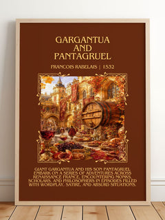 Gargantua and Pantagruel Minimalist Book Poster by Francois Rabelais – framed print leaning on a wooden floor