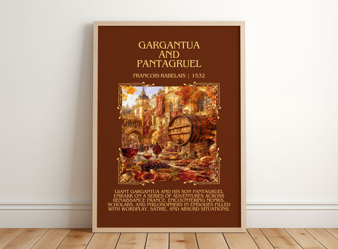Gargantua and Pantagruel Minimalist Book Poster by Francois Rabelais – framed print leaning on a wooden floor