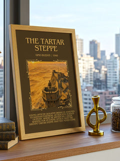 The Tartar Steppe Minimalist Book Poster by Dino Buzzati – framed print on a city-view windowsill