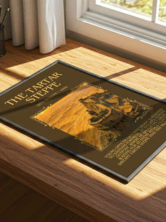 The Tartar Steppe Minimalist Book Poster by Dino Buzzati – print on a sunlit desk
