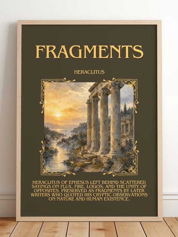Fragments Minimalist Book Poster by Heraclitus – framed print leaning on a wooden floor