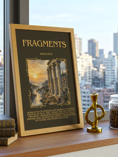 Fragments Minimalist Book Poster by Heraclitus – framed print on a city-view windowsill