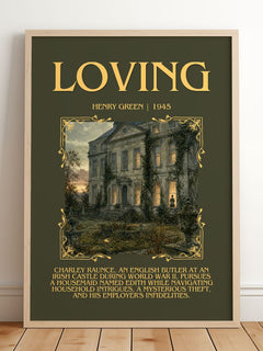 Loving Minimalist Book Poster by Henry Green – framed print leaning on a wooden floor