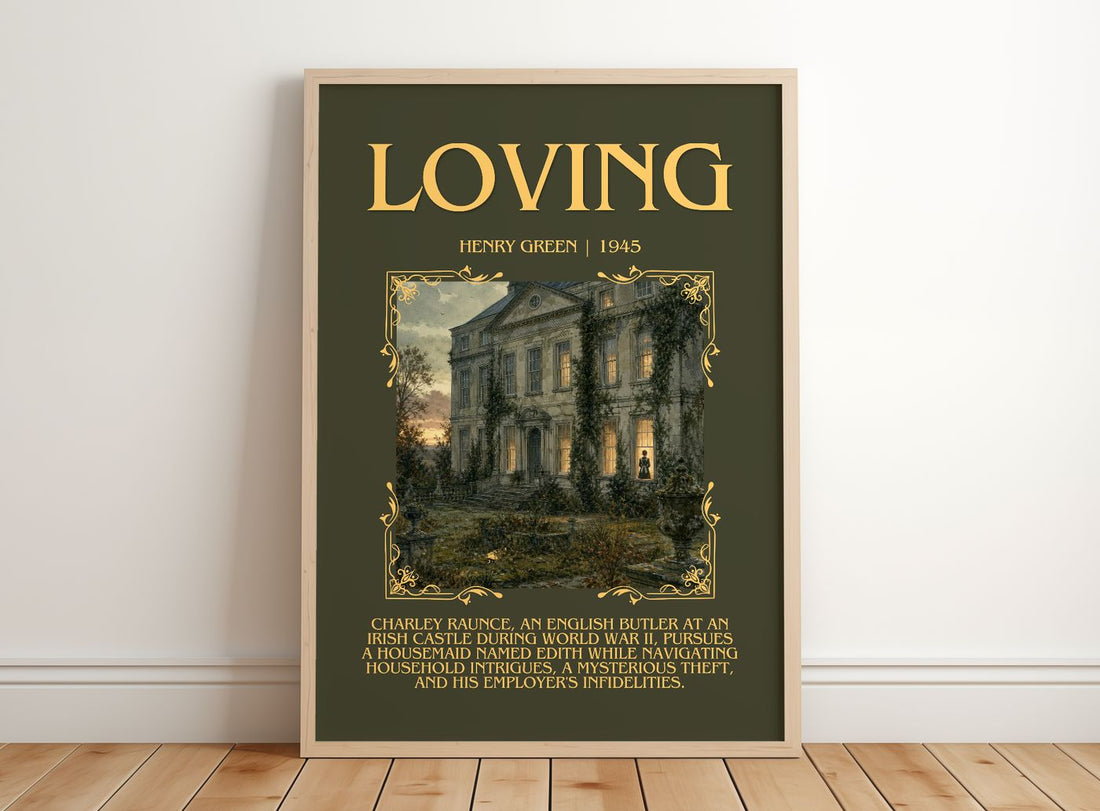 Loving Minimalist Book Poster by Henry Green – framed print leaning on a wooden floor