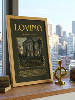 Loving Minimalist Book Poster by Henry Green – framed print on a city-view windowsill