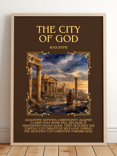 The City of God Minimalist Book Poster by Augustine – framed print leaning on a wooden floor