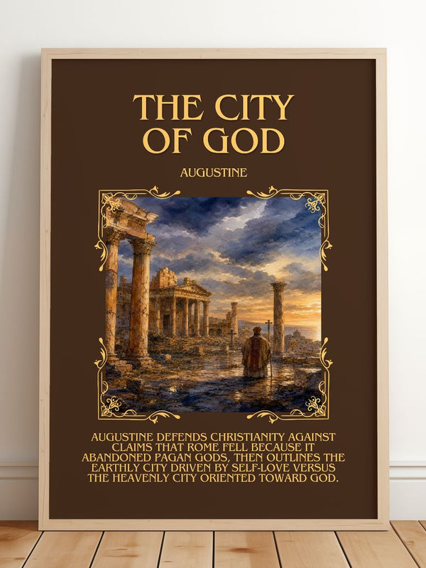 The City of God Minimalist Book Poster by Augustine – framed print leaning on a wooden floor
