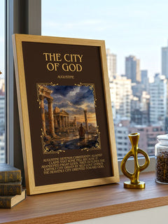 The City of God Minimalist Book Poster by Augustine – framed print on a city-view windowsill