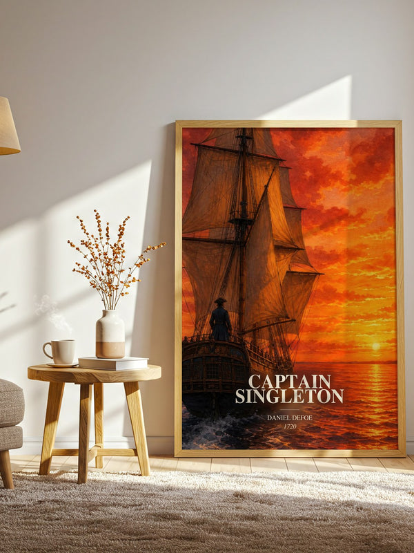 Captain Singleton watercolour print in frame leaning in hallway – adventure wall art