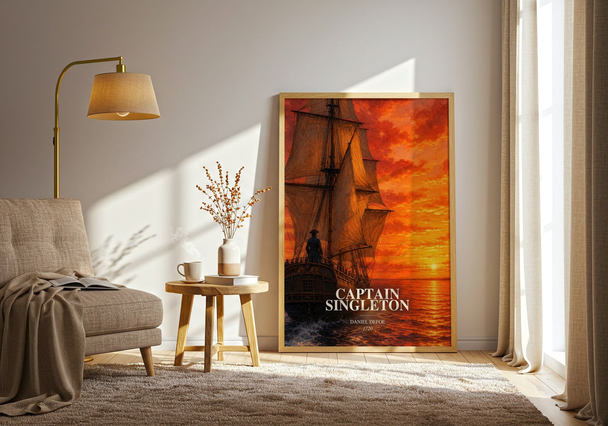 Captain Singleton watercolour print in frame leaning in hallway – adventure wall art