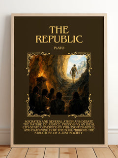 The Republic Minimalist Book Poster by Plato – framed print leaning on a wooden floor