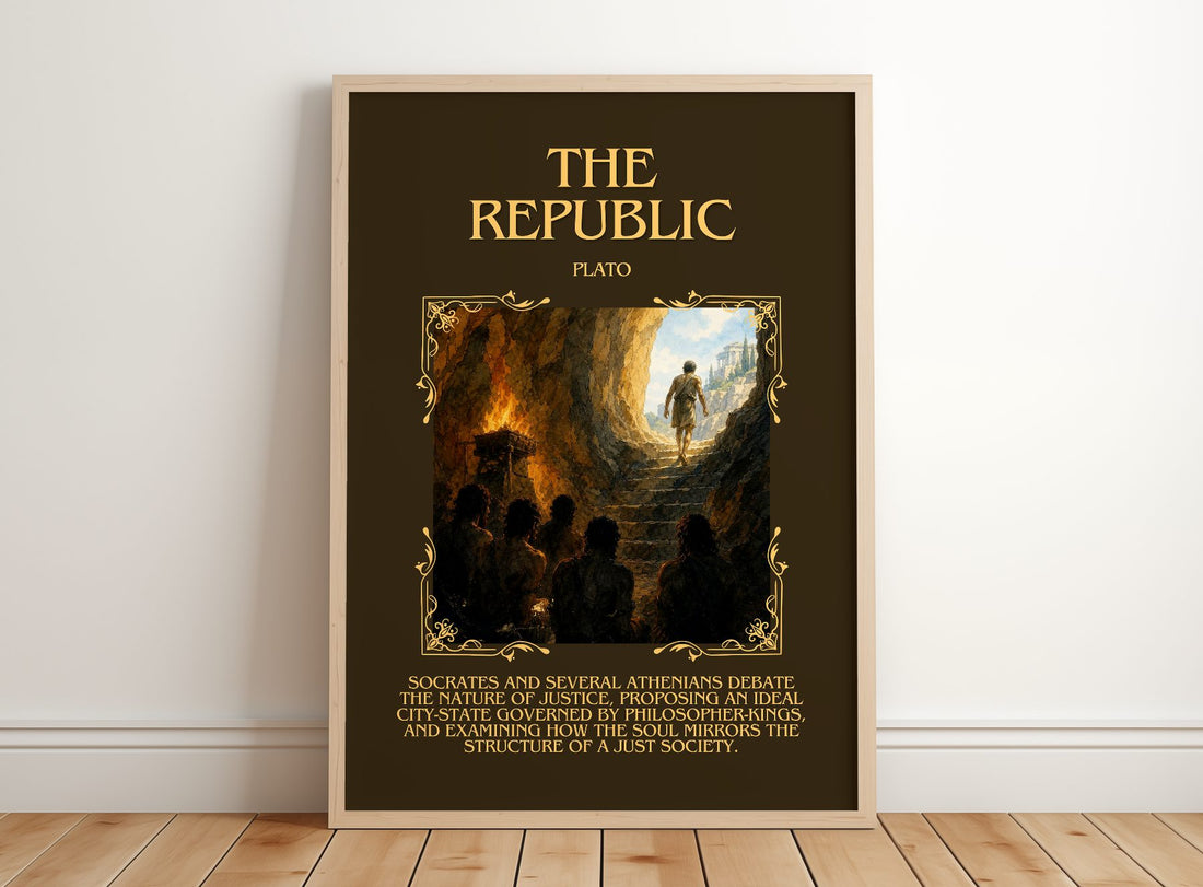 The Republic Minimalist Book Poster by Plato – framed print leaning on a wooden floor
