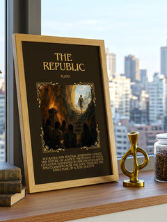 The Republic Minimalist Book Poster by Plato – framed print on a city-view windowsill