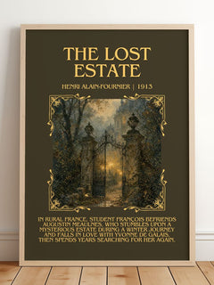 The Lost Estate Minimalist Book Poster by Henri Alain-Fournier – framed print leaning on a wooden floor