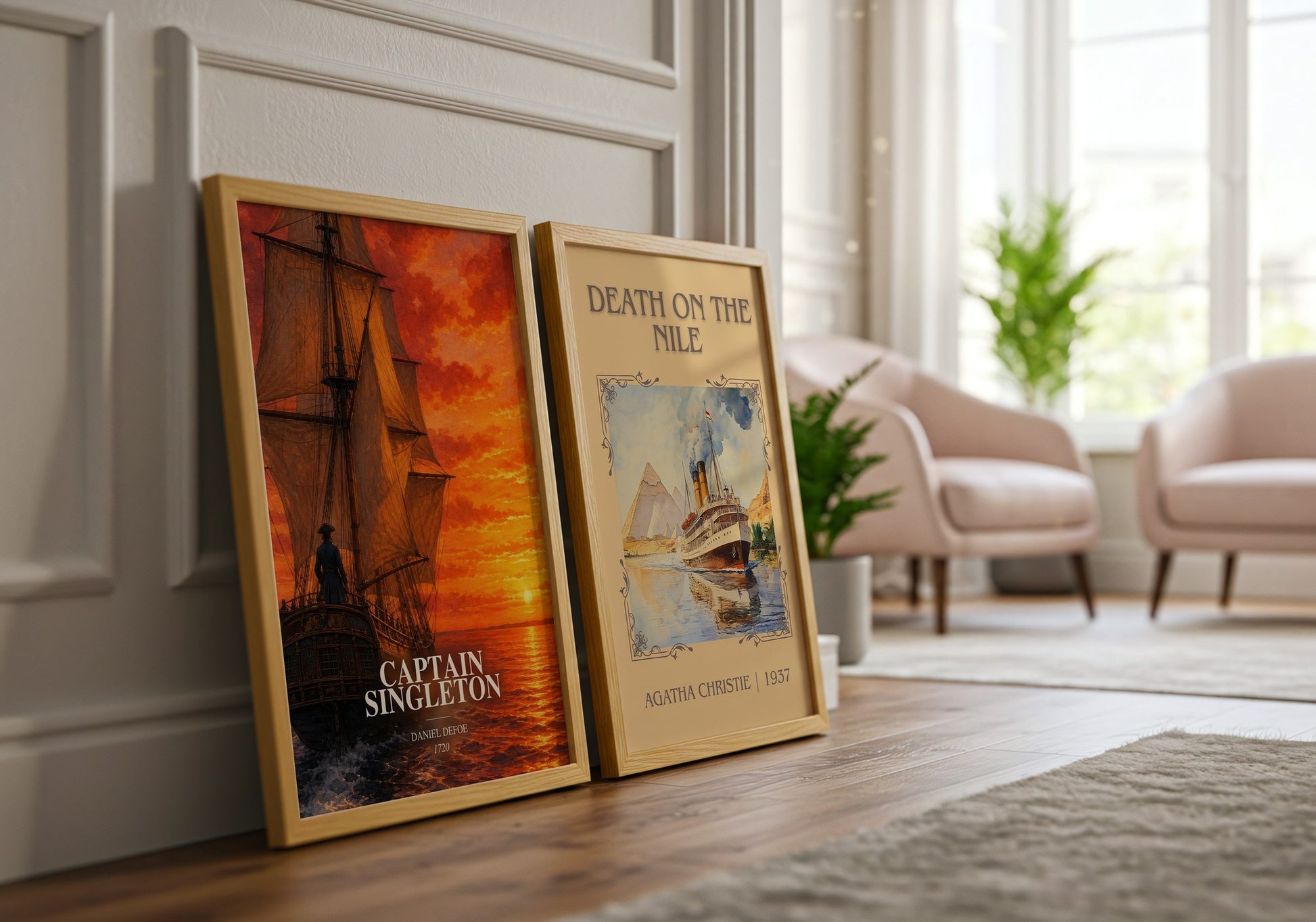 Captain Singleton watercolour print framed by window – literary home decor