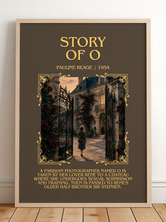 Story of O Minimalist Book Poster by Pauline Reage – framed print leaning on a wooden floor