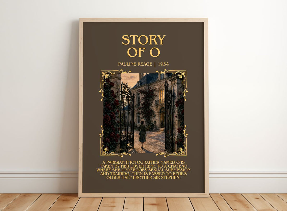 Story of O Minimalist Book Poster by Pauline Reage – framed print leaning on a wooden floor