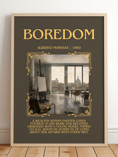 Boredom Minimalist Book Poster by Alberto Moravia – framed print leaning on a wooden floor