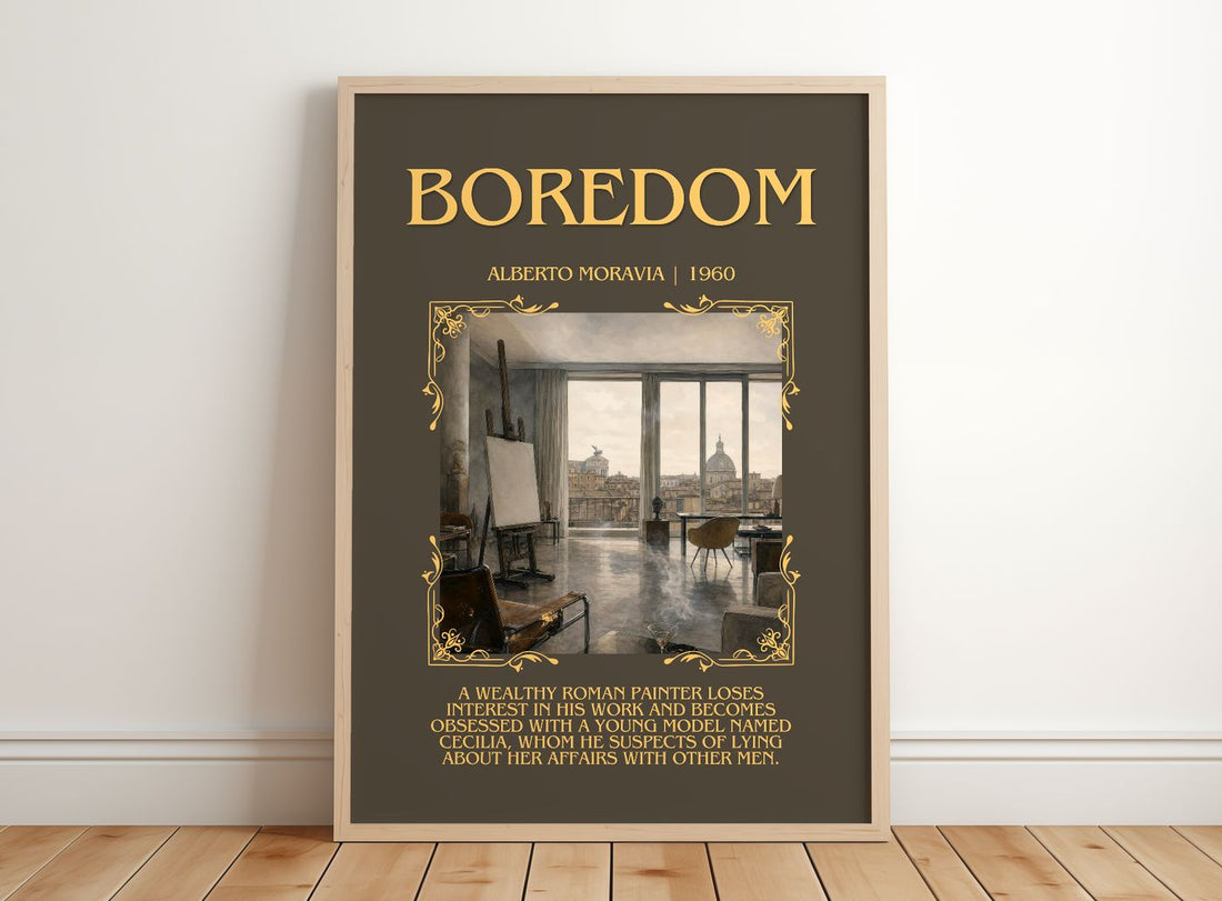 Boredom Minimalist Book Poster by Alberto Moravia – framed print leaning on a wooden floor