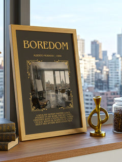 Boredom Minimalist Book Poster by Alberto Moravia – framed print on a city-view windowsill