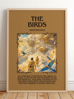 The Birds Minimalist Book Poster by Aristophanes – framed print leaning on a wooden floor
