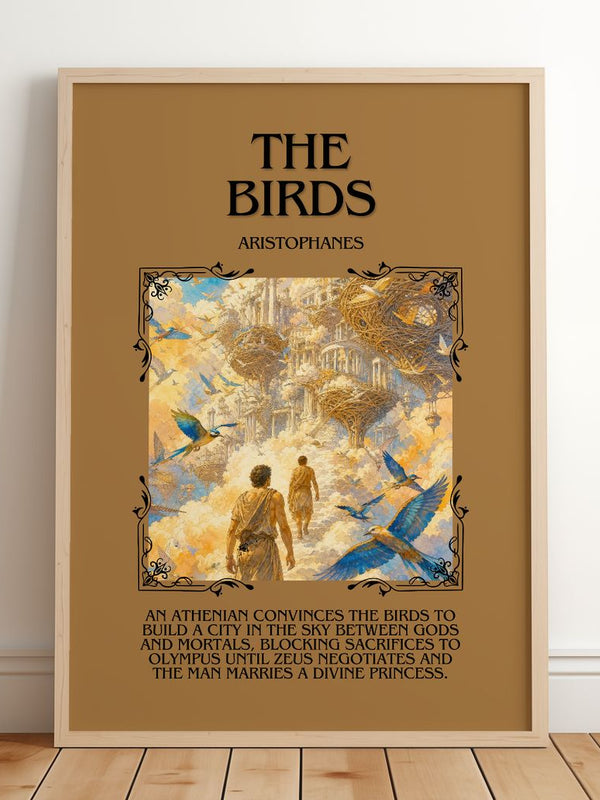 The Birds Minimalist Book Poster by Aristophanes – framed print leaning on a wooden floor