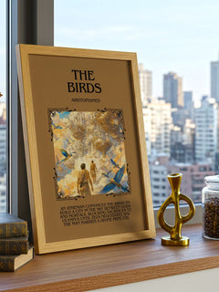 The Birds Minimalist Book Poster by Aristophanes – framed print on a city-view windowsill