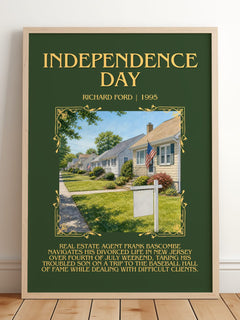 Independence Day Minimalist Book Poster by Richard Ford – framed print leaning on a wooden floor