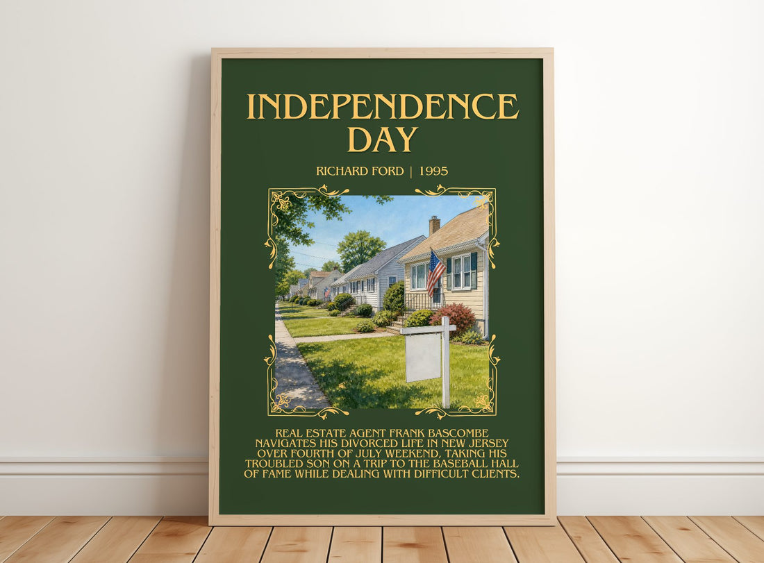 Independence Day Minimalist Book Poster by Richard Ford – framed print leaning on a wooden floor