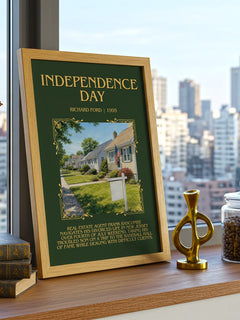 Independence Day Minimalist Book Poster by Richard Ford – framed print on a city-view windowsill