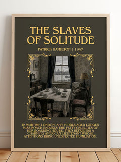 The Slaves of Solitude Minimalist Book Poster by Patrick Hamilton – framed print leaning on a wooden floor