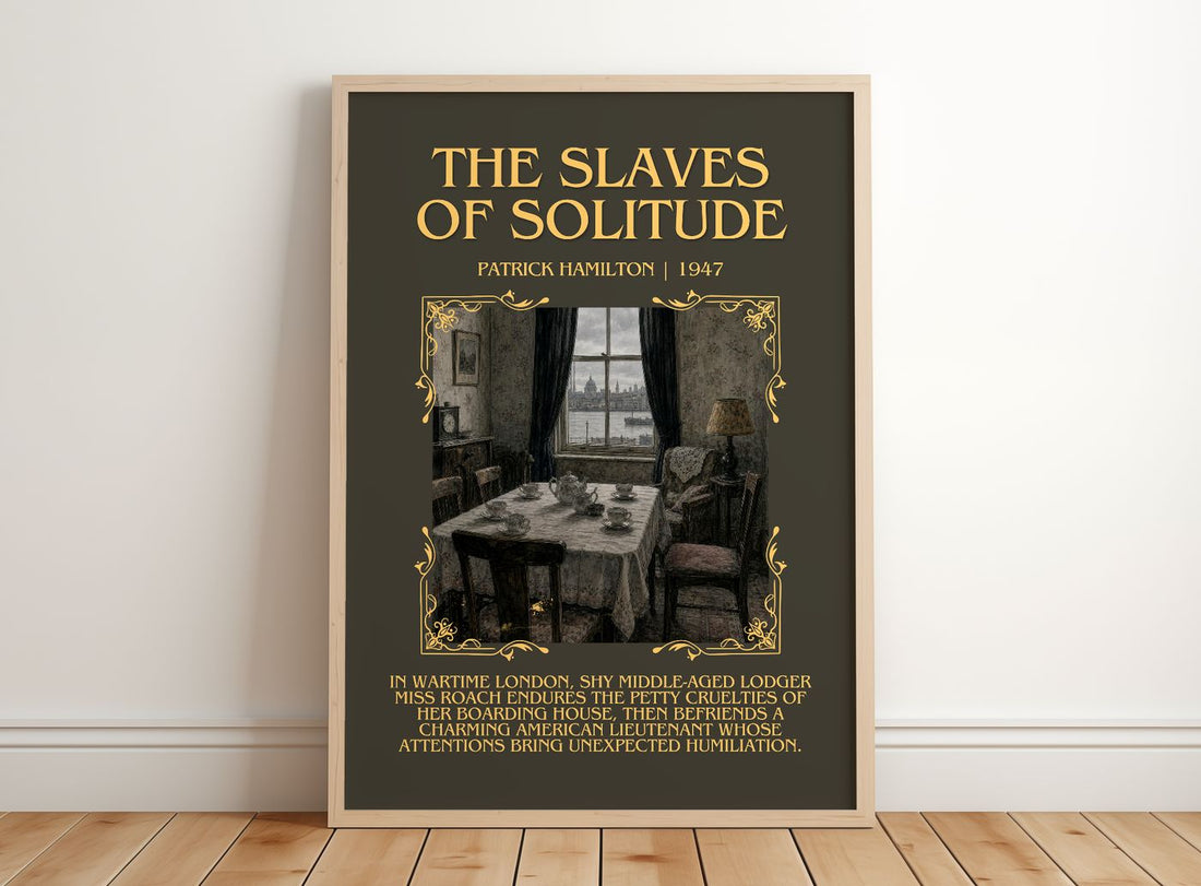 The Slaves of Solitude Minimalist Book Poster by Patrick Hamilton – framed print leaning on a wooden floor