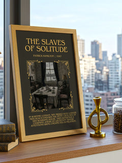 The Slaves of Solitude Minimalist Book Poster by Patrick Hamilton – framed print on a city-view windowsill