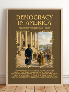 Democracy in America Minimalist Book Poster by Alexis de Tocqueville – framed print leaning on a wooden floor