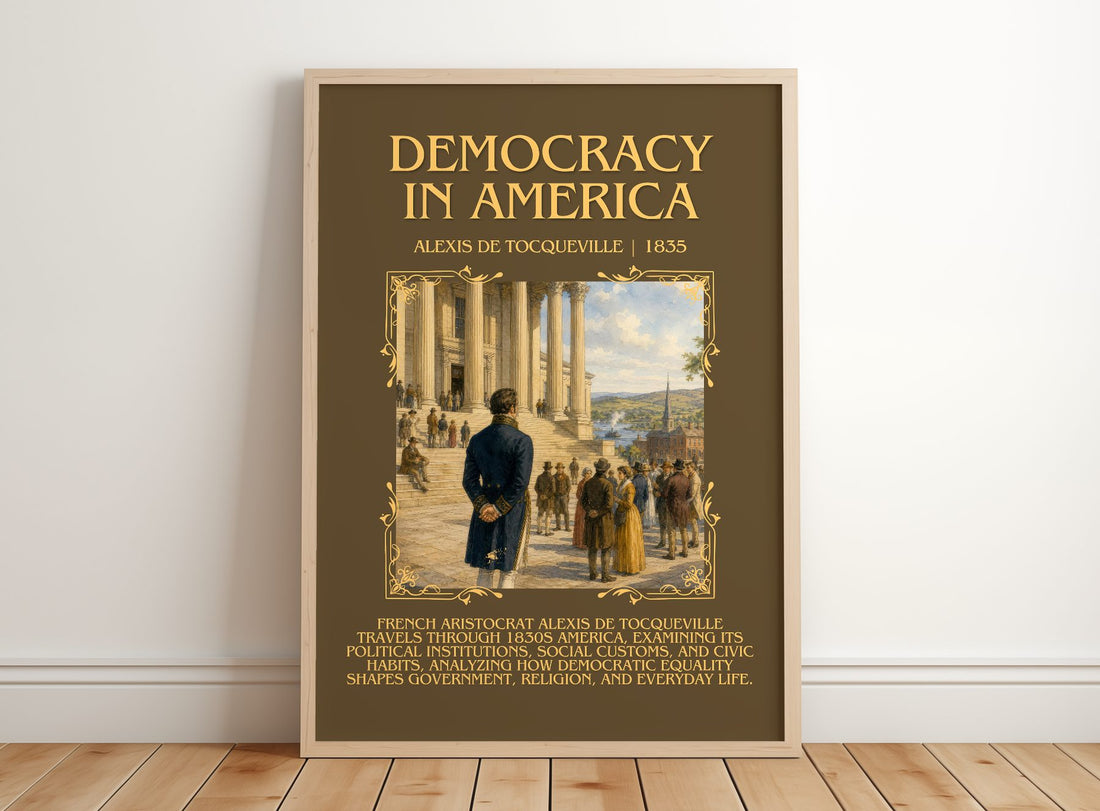 Democracy in America Minimalist Book Poster by Alexis de Tocqueville – framed print leaning on a wooden floor