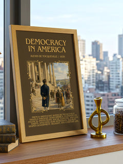 Democracy in America Minimalist Book Poster by Alexis de Tocqueville – framed print on a city-view windowsill