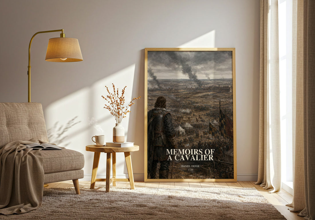 Memoirs Of A Cavalier watercolour print in frame leaning in hallway – historical fiction wall art (mockup)
