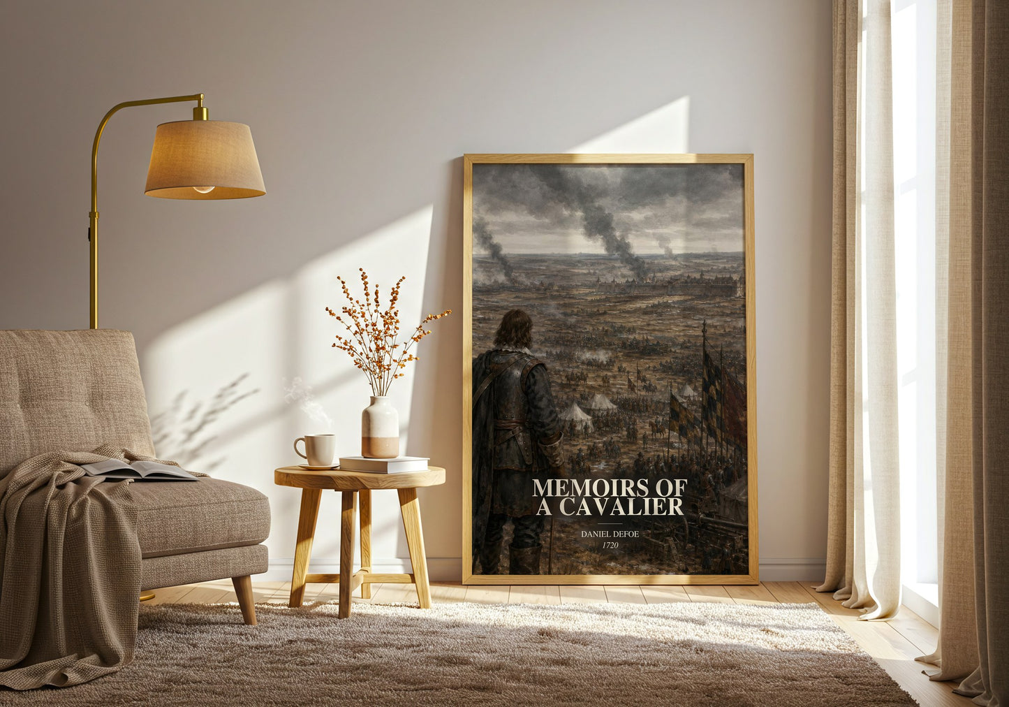Memoirs Of A Cavalier watercolour print in frame leaning in hallway – historical fiction wall art