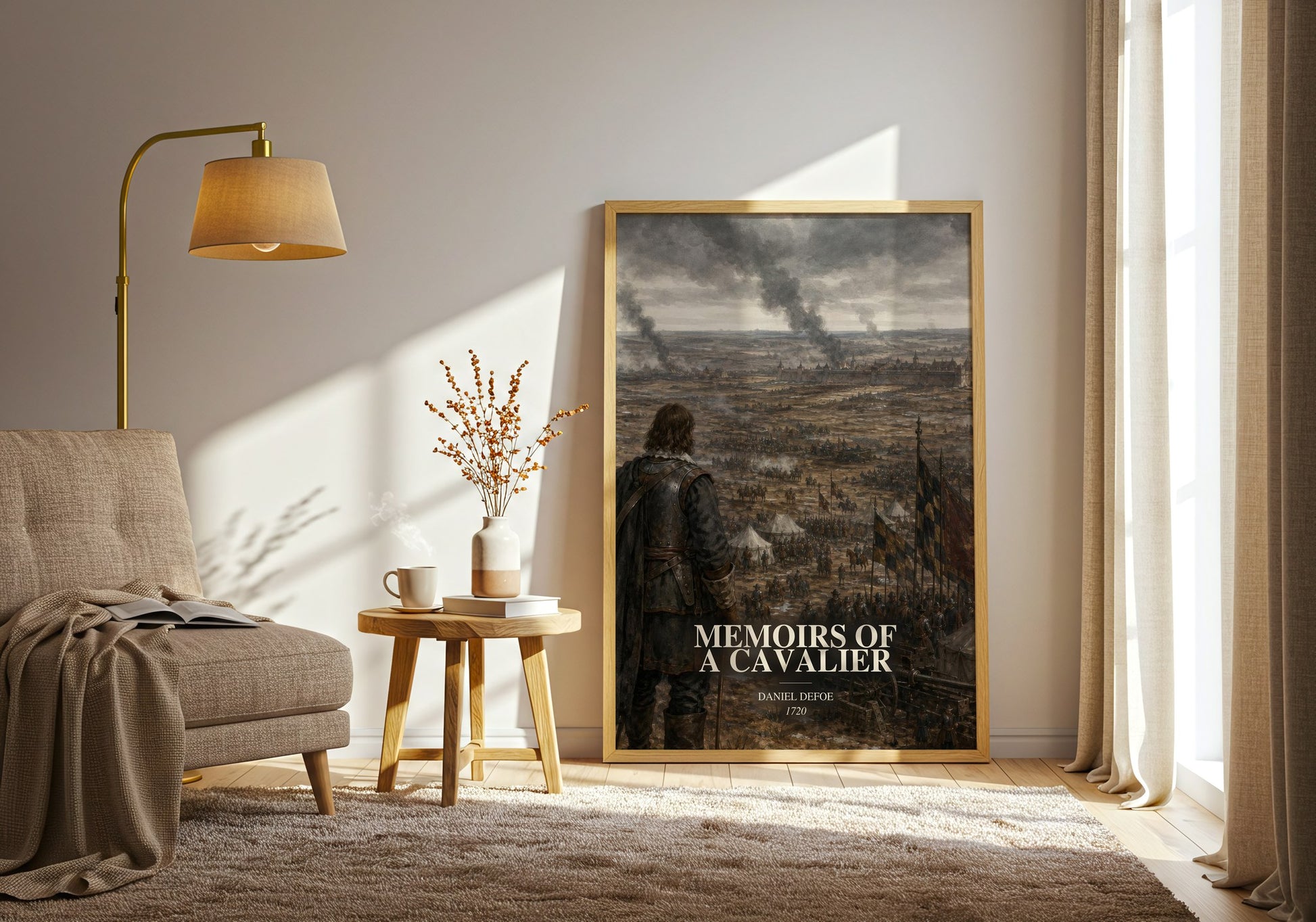 Memoirs Of A Cavalier watercolour print in frame leaning in hallway – historical fiction wall art