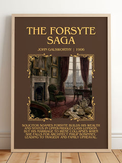 The Forsyte Saga Minimalist Book Poster by John Galsworthy – framed print leaning on a wooden floor