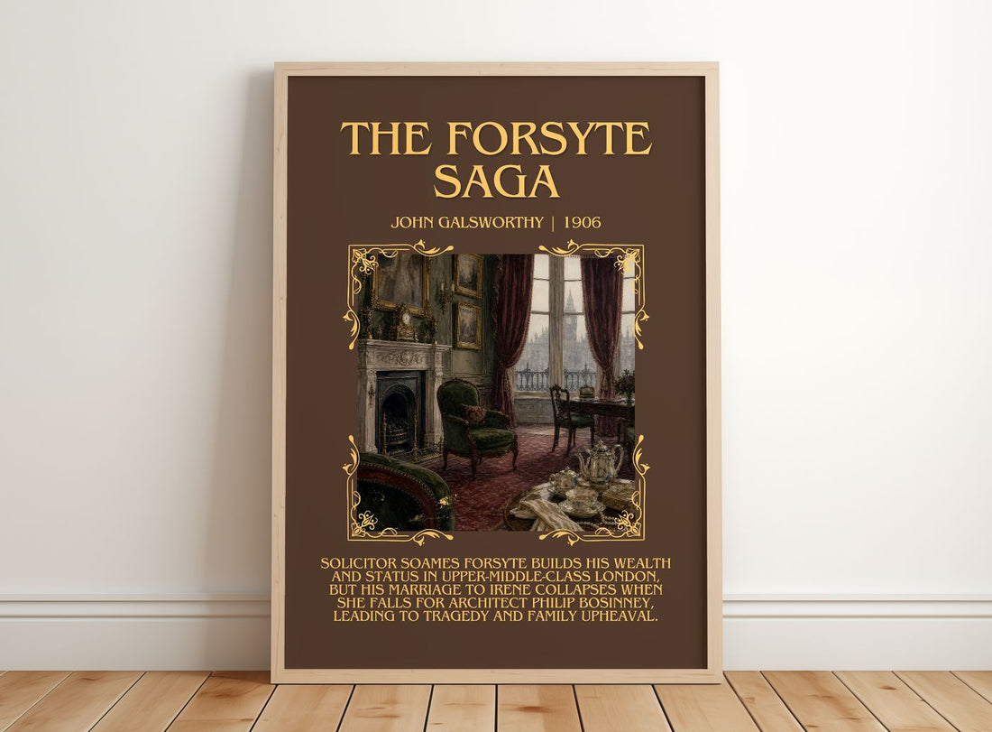 The Forsyte Saga Minimalist Book Poster by John Galsworthy – framed print leaning on a wooden floor