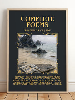 Complete Poems Minimalist Book Poster by Elizabeth Bishop – framed print leaning on a wooden floor