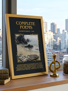 Complete Poems Minimalist Book Poster by Elizabeth Bishop – framed print on a city-view windowsill
