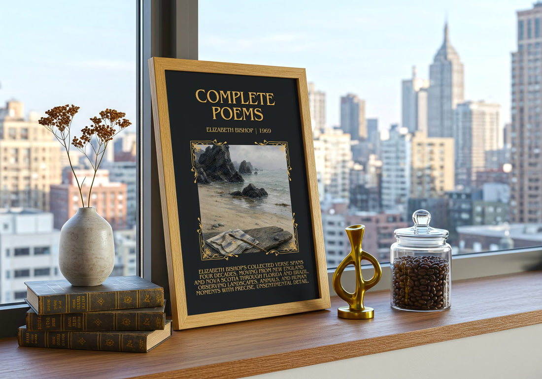 Complete Poems Minimalist Book Poster by Elizabeth Bishop – framed print on a city-view windowsill