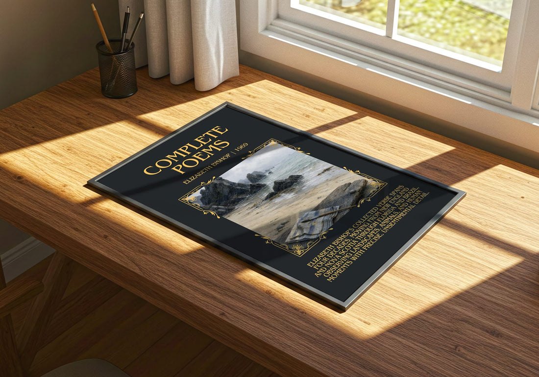 Complete Poems Minimalist Book Poster by Elizabeth Bishop – print on a sunlit desk