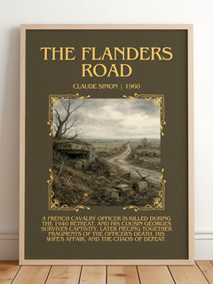 The Flanders Road Minimalist Book Poster by Claude Simon – framed print leaning on a wooden floor