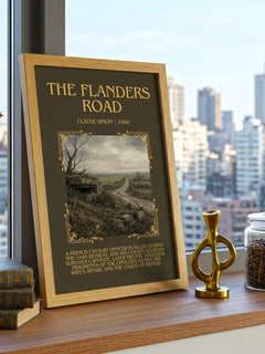 The Flanders Road Minimalist Book Poster by Claude Simon – framed print on a city-view windowsill