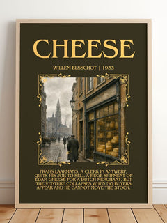Cheese Minimalist Book Poster by Willem Elsschot – framed print leaning on a wooden floor