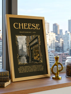 Cheese Minimalist Book Poster by Willem Elsschot – framed print on a city-view windowsill
