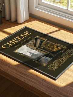 Cheese Minimalist Book Poster by Willem Elsschot – print on a sunlit desk